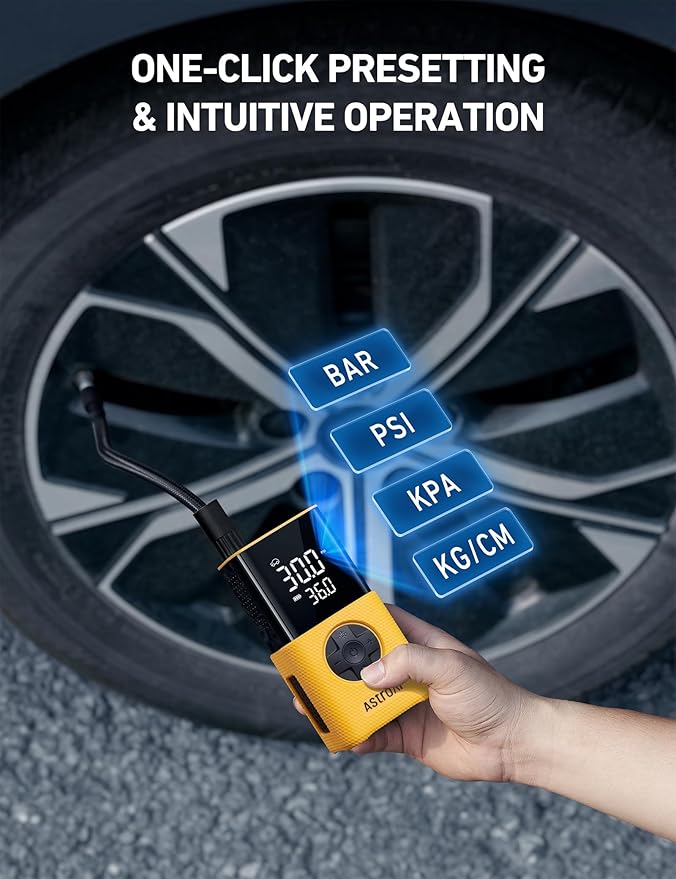 AstroAI Tire Inflator L7S Portable Air Compressor Cordless Bike Air Pump with Digital Dual Values Display, 150 PSI Car Tires Pump with LED Lights Air Pump for Auto, Motorcycles, Bikes, Balls