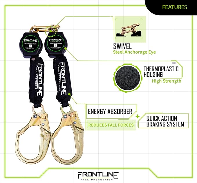 Frontline 6' Aramid Web Twin Leg SRL with Steel Rebar Hooks | 310 lbs Capacity | Lightweight & Durable | Aramid Fiber Webbing Retractable | ANSI & OSHA Compliant | ISO Lab Tested (3 Pack)