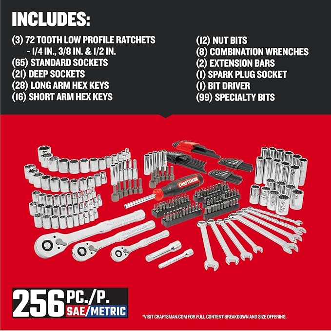 CRAFTSMAN Mechanics Tool Set, 256-Piece Hand Tool and Socket Set with 2-Drawer Tool Box (CMMT45256)
