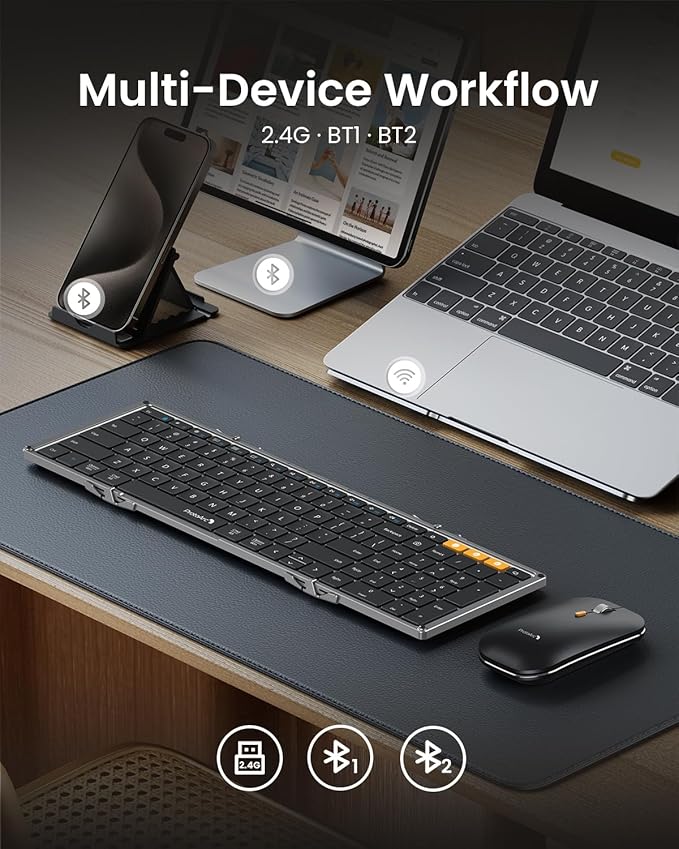 ProtoArc Foldable Keyboard and Mouse, XKM01 True Full-Size Folding Wireless Keyboard Mouse Combo for Business Travel, a Portable Office Suite On-the-Go, Compatible with Laptop iPad Tablet - Black Gray