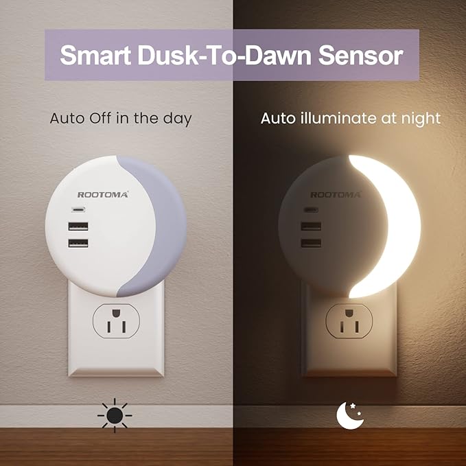 ROOTOMA Led Night Light Plug Into Wall, Dimmable Night Light for Kids with USB Wall Charger 3 Ports,Smart Dusk to Dawn Sensor Adjustable Brightness,for Bedroom, Bathroom, Stairs, Kitchen, Hallway