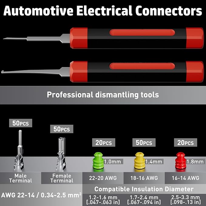 PEBA Crimping Tool, Ratchet Crimping Pliers 22-14 AWG, Compatible with AMP SUPERSEAL 1.5mm series Pin Terminals, with 50 Pairs Superseal 1.5mm Electrical Connector Terminal Female Sockets/Male Pins