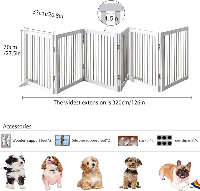 Foldable Wooden Dog Gates 126" Wide, 27.5" Tall Freestanding Pet Gate Dog Fence No-Installation Puppy Safety Fence Extra Wide Puppy Barrier for Doorways,Stairs, or Hallways-6 Panel，White