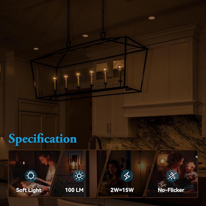 E12 Candelabra Bulb 15 Watt Equivalent, Globe Small Light Bulb Dimmable LED Chandelier Bulbs, Super-Thin Filament Amber Bulbs 2W Equal 15W Vintage Candle 2000K Soft Yellow, 6 Pack