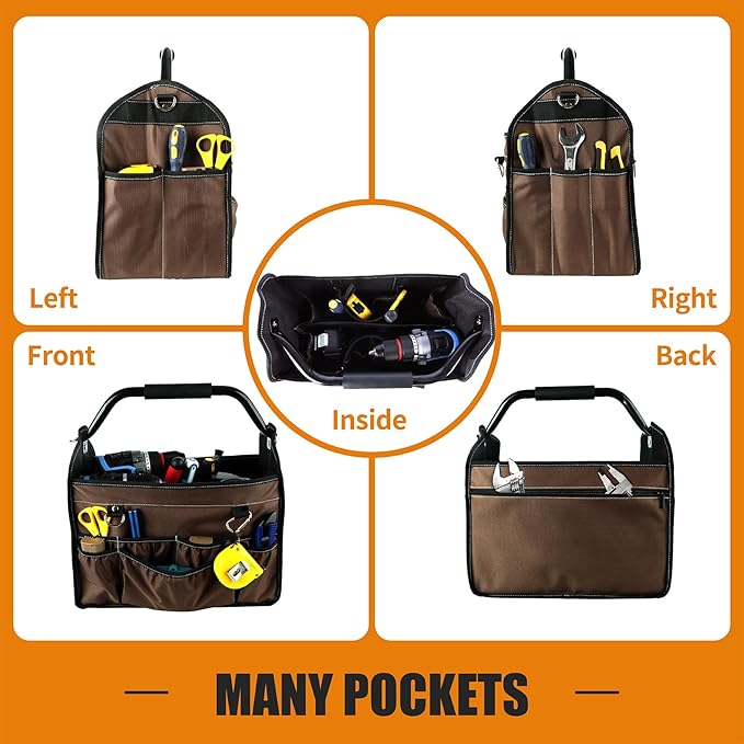 KUNLUN 17-Inch Open Top Tool Bag, Electrician Tool Bag, Tool Tote Bag Organizer for Easy Tool Access, 33 Pockets Foldable Tool Carrier with Rotating Steel Handle and Removable Shoulder Strap, Brown