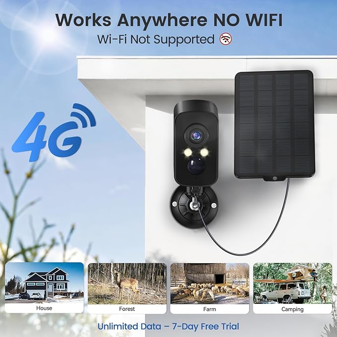 4G LTE Cellular Security Camera Wireless Outdoor, Magnetic, No WiFi Needed, 300° Pan, Solar Powered, Magnetic Mount 1-Min Install, SIM Included, PIR Motion & AI, 2K Night Vision, Lifetime 7-Day Cloud