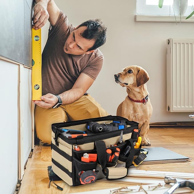 15 Inch Heavy Duty Tool Tote Bag with 24 Pockets, Wide Open Mouth Tool Box Organizer Case with Shoulder Strap, Portable Electrician Tool Kit Storage Carrying Pouch with Lockable Zipper (Khaki)