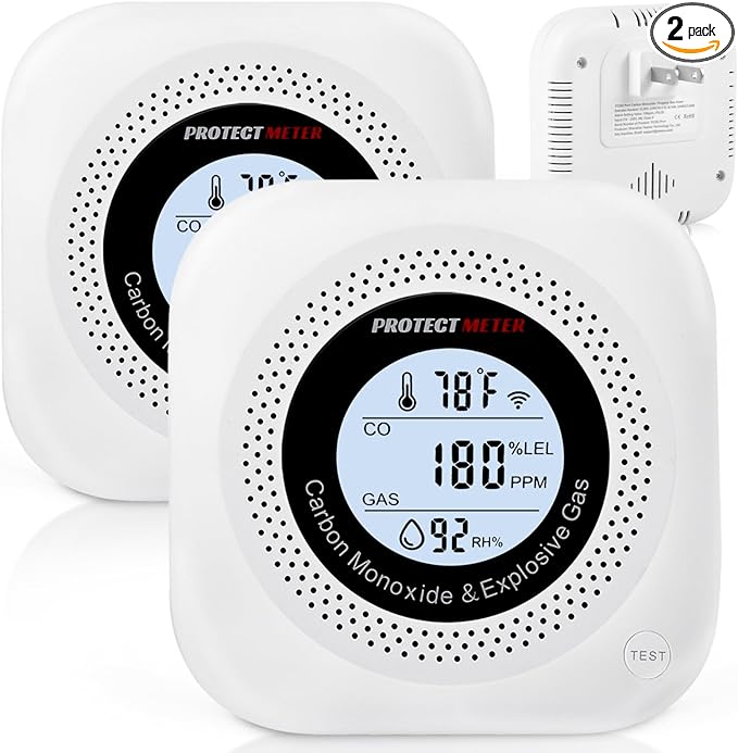 Carbon Monoxide Detectors, 2Pack 4-in-1 Natural Gas Leak Detector & Temperature/Humidity Monitor