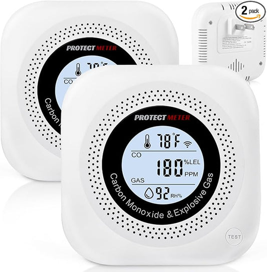 Carbon Monoxide Detectors, 2Pack 4-in-1 Natural Gas Leak Detector & Temperature/Humidity Monitor