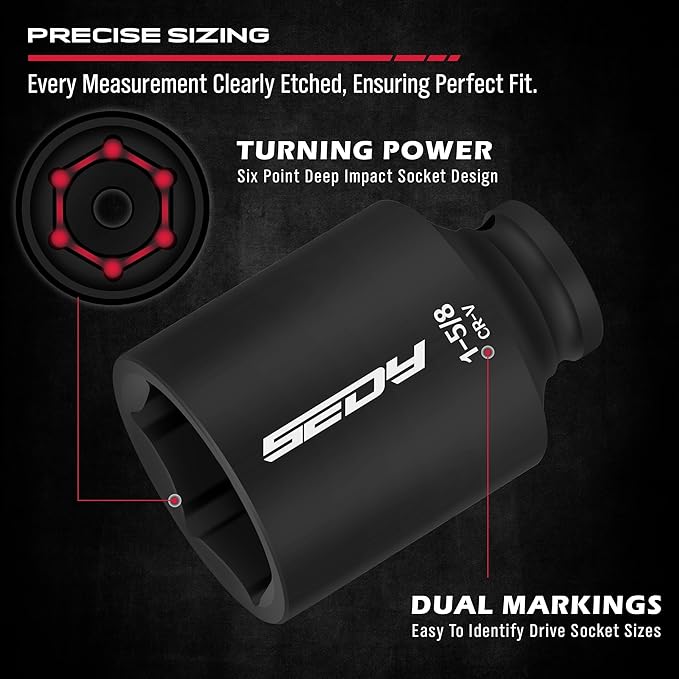 SAE Deep Impact Socket Set 8-Piece 1/2-inch Drive Wheel Axle Nut Wrench Large Sockets Standard Adapter 1-11/16 1-9/16 1-3/8 1-7/16 1-1/2 1-5/8 1-3/4 Imperial Spindle Joint Torque Bearing Locknut Truck