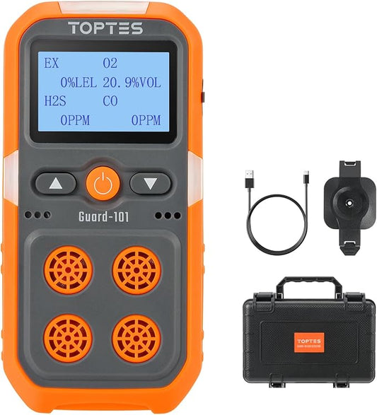 Guard-101 Gas Detector, 4 Gas Monitor for H2S, CO, LEL and O2, with Vibration, Visual and Audible Alarms, 14h Long Battery Life, Safety Explosion-Proof, for Work, Home - Orange