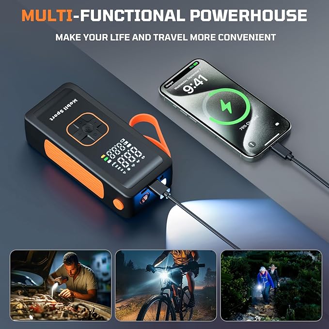 Tire Inflator Portable Air Compressor, 180 PSI Air Pump For Car Tires with Digital Pressure Gauge, LED Light and Auto Shut-Off Function - Cordless Pump for Car, Motorcycle, Bicycle, Balls and More