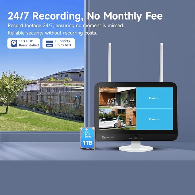 2K Wi-Fi 6 Wireless Security Camera System with 12" Monitor, Dual Lens WiFi Security Cameras with 360° Pan Tilt & Auto Tracking, 16CH NVR with 1TB HDD, 5G&2.4G WiFi, 24/7 Record,Plug-in Power