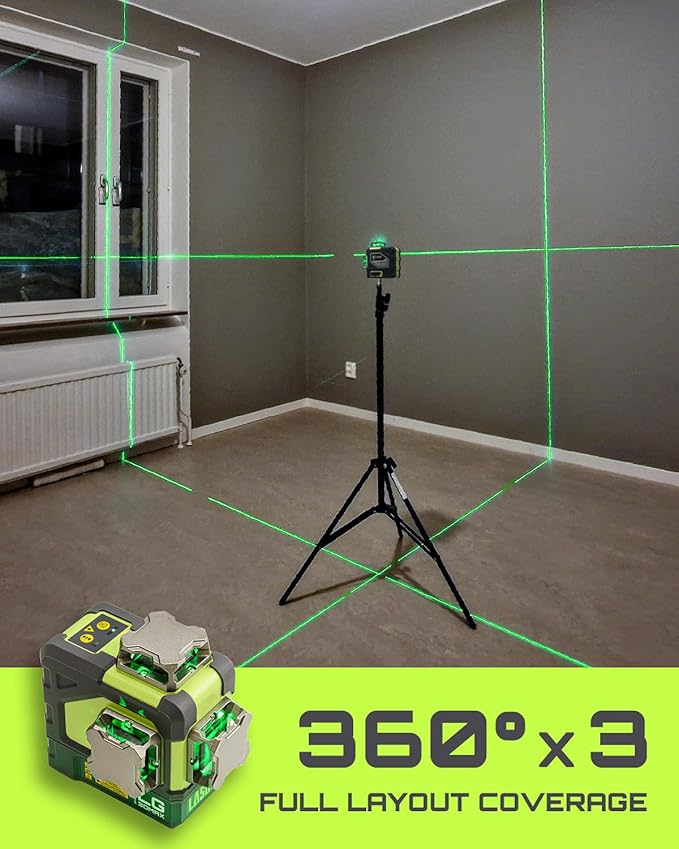 LG-3DMAX 3x360° Green Laser Level, 3D Self-Leveling Cross Line Laser with 2 Rechargeable Lithium Batteries, Fine-Tuning Bracket Adapter, Green Laser Enhancement Glasses, and Hard Carrying Case