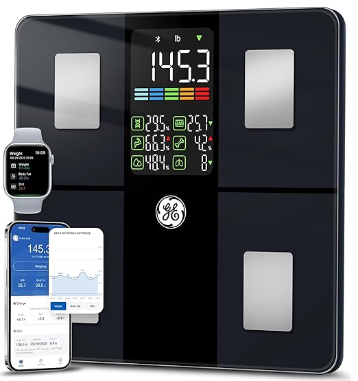 GE Scale for Body Weight, Body Fat, BMI, Muscle Mass, Smart Bathroom Scales with 14 Body Composition Metrics with Large Display, Accurate Bluetooth Weighing Machine with Fitness App, 400 lbs