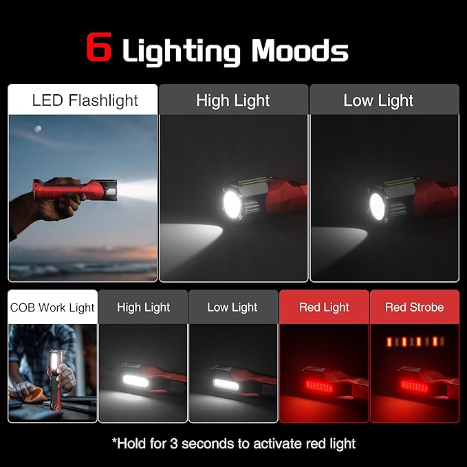 Anhay Rechargeable Work Light, 1200 Lumens LED Work Light with 160° Swivel Head, Magnetic Base & Hooks, 6 Lighting Modes Magnetic Work Light for Car Repairs, Emergencies, and Power Outages