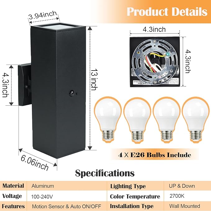 wowlite Motion Sensor Outdoor Wall Lights, Dusk to Dawn Outdoor Lighting with E26 Bulbs Included, 3 Lighting Modes Black Exterior Lighting Fixtures, Aluminum Outside Lights for House Porch Yard 2 Pack
