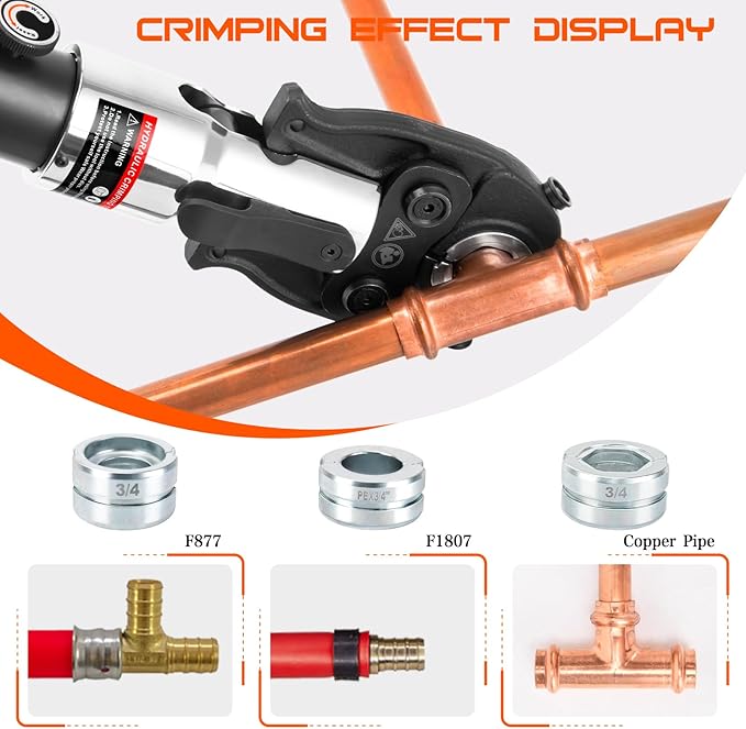 Copper Pipe Crimping Tool - with 1", 3/4", 1/2" Dies for F877 stainless PEX Press Sleeves & Copper Pipe + 1", 3/4",5/8", 1/2", 3/8" Dies for ASTM F1807 Pex Pipe Copper Ring