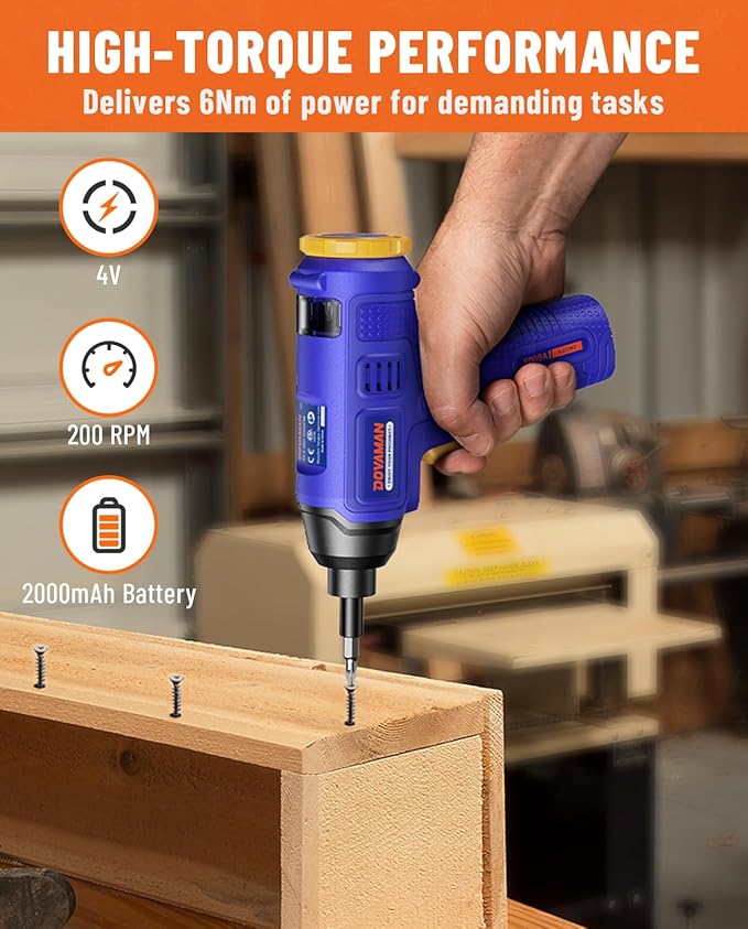 6NM 4V Rechargeable Cordless Electric Screwdriver with Built-In Bit Storage,7 Bits & Carry Box,Type-C Fast Charge,LED Light-E009A
