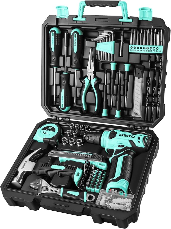 DEKOPRO 8V Cordless Drill Set: 126 Piece Tool Kit with Drill, Home Tool Set for Women, Turquoise