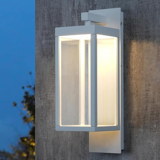Lustrlach Dusk to Dawn LED Outdoor Wall Light Fixture White Exterior Porch Light with Photocell and Glass IP54 Waterproof Modern Wall Sconce for House Garage Outside Entryway Garden,3000K,15IN,750LM