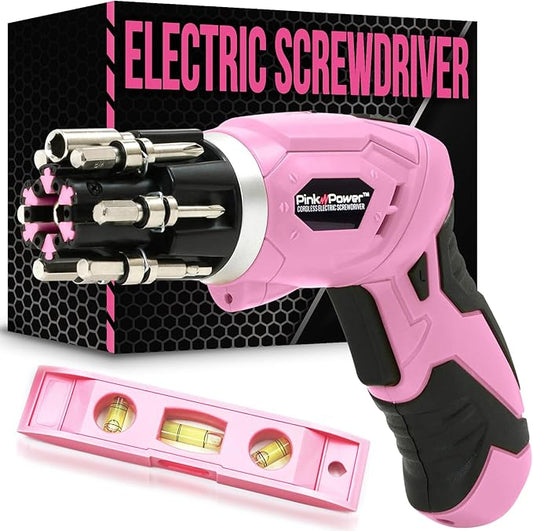 Pink Power Electric Screwdriver Cordless Mini Drill Set - 4V Rechargeable Pink Cordless Screwdriver Set for Women w Bubble Level LED Light - Small Screw driver with Pivotal Handle and Fold-Out Bits