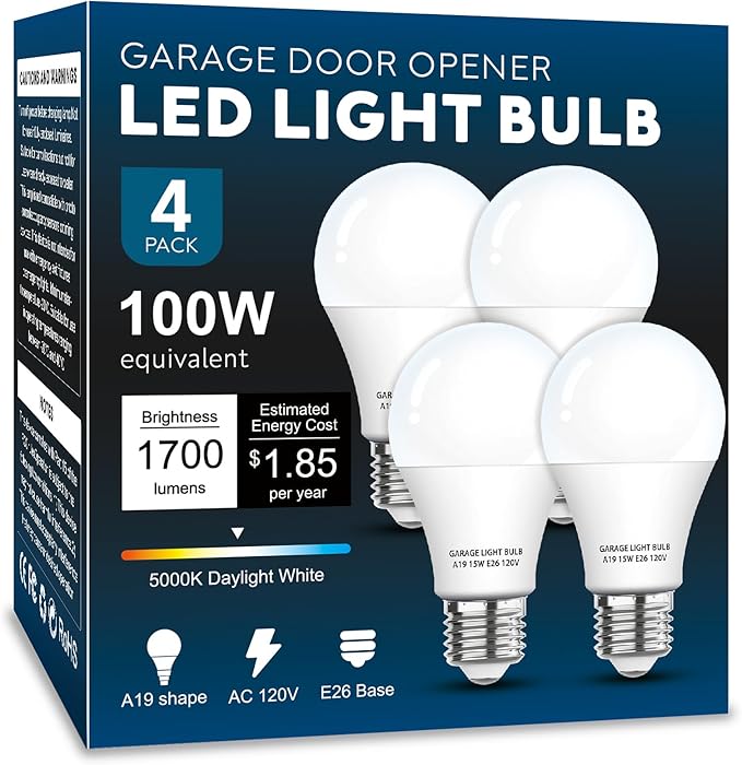 Garage Door Opener LED Light Bulb 4 Pack，15W Equivalent to 100W Garage Light Bulb,A19 5000K Daylight White E26 Base 120V Outdoor Light Bulbs,Minimize Interference,Dimmable