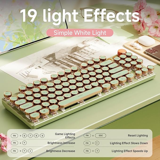 EWEADN V20 Green Typewriter Keyboard,87 Keys Backlit Typewriter Style Mechanical Keyboards, Media Control Knob, Wired/BT5.0/2.4G Typewriter Style Computer Keyboards Pink Switch for Windows/Mac/PC