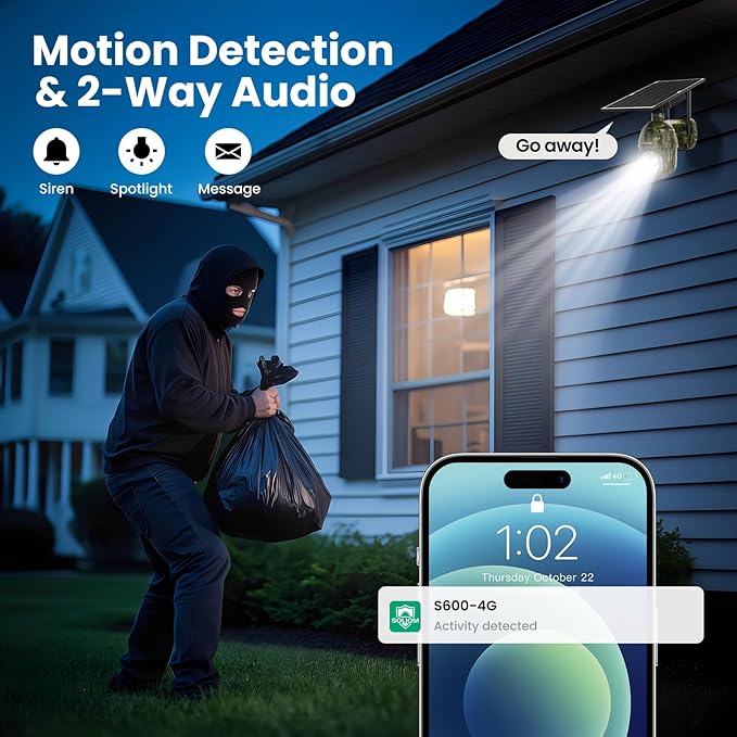 SOLIOM S600 4G LTE Cellular Security Cameras Wireless Outdoor, Solar Security Camera with Pan Tilt 360°View, 2K Full Color Night Vision, Unlimited Data Plan, PIR Motion Sensor, 2 Way Talk, Camo