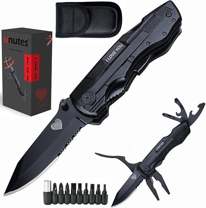 Multitool Pocket Knife for Men, Gifts for Boyfriend, Him, Husband, Dad, Multi Tool Tactical Plier With Nylon Sheath, Stocking Stuffer 'I LOVE YOU'