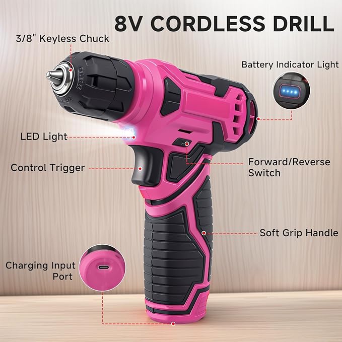 Tool Set - 8V Cordless Drill Kit, 132 Piece Box With Hand Drill, Home Kits for Men & Women, Perfect for Homeowner, Diyer, Handyman - Pink