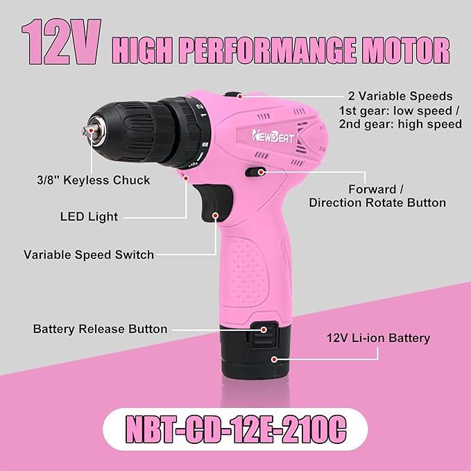 NEWBEAT Pink Cordless Drill Set - 12V Power Drill Cordless with Battery and Charger for Home Improvement, 3/8" Keyless Chuck, 2 Variable Speed, Electric Power Tools for Women DIY