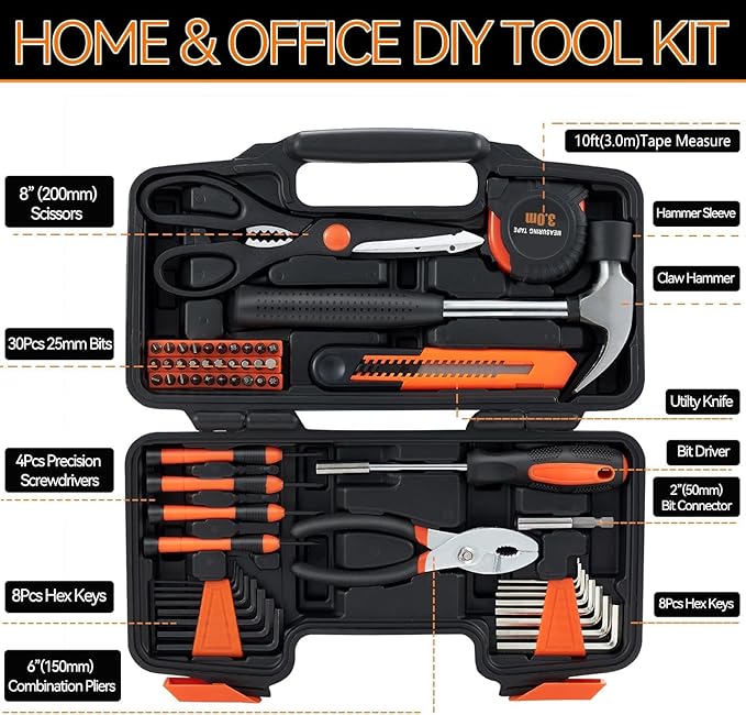58 Piece Household Tool Set, General Household Hand Tool Kit with Plastic Toolbox Storage Case, All Purpose Household Tool Kit for Home, Garage, Office and College Dormitory Use, Orange