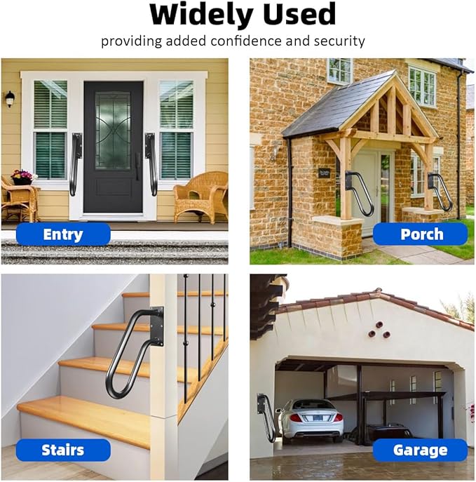 Handrails Wall Mount Stair Safety Handle Non-Slip Step Metal U-Shape Grab Yard Mounted Garage Porch Garden Hand Railings Powder Coated Heavy Duty Indoor or Outdoor Safe Bars (2 Pack)