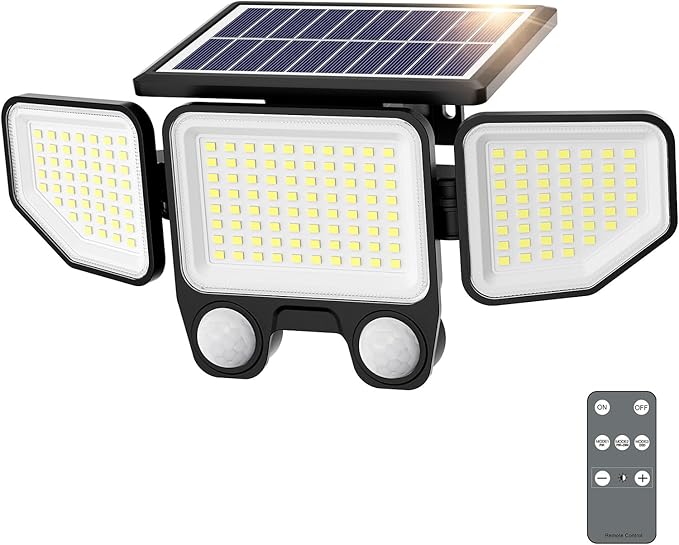 Onforu Solar Lights Outdoor, 3000LM 180 LED Motion Sensor Flood Lights with Remote Control, 3 Modes, IP65 Waterproof Security Lights for Yard, Pathway, Garden, Pool, Garage, 1 Pack