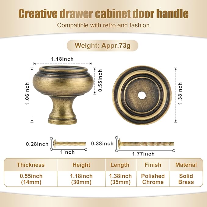 5 Pack Matt Bronze Solid Brass Kitchen Cabinet Knobs,Drawer Pulls, 1.18 Inch 30mm Diameter, Modern Furniture Handles for Cupboard Wardrobe(Antique)