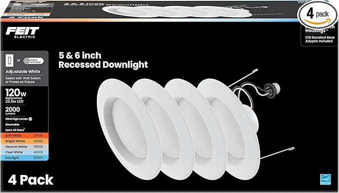 Feit Electric 5/6 Inch LED Recessed Downlight, 22.5W (120W Eqv), Dimmable, Adjustable White 2700K–5000K, Retrofit Kit, E26 Adapter, Ideal for Larger Spaces or High Ceilings, LEDR56XHO/6WYCA/4, 4 Pack