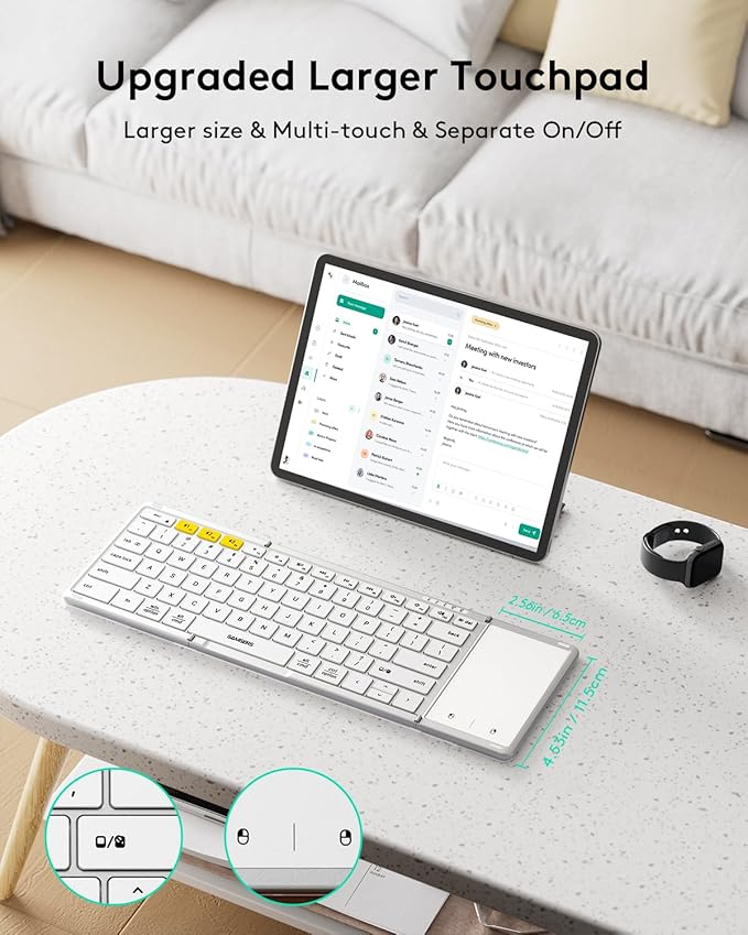 Samsers Foldable Bluetooth Keyboard with Touchpad, Full-Size Wireless Folding Keyboard with PU Leather, Portable Travel for iOS Android Windows Mac OS, Support 3 Devices (BT5.1 x 3), Silver