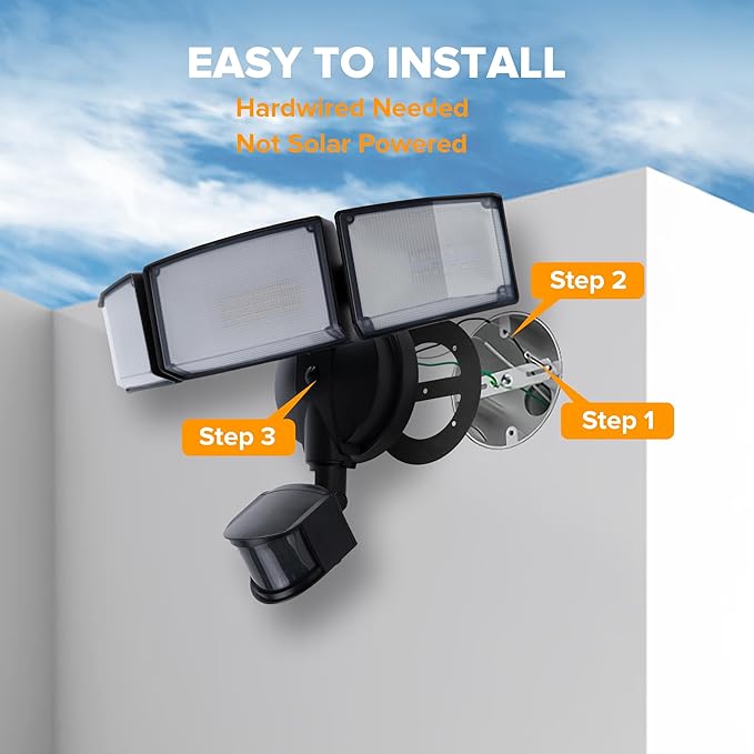 UME 2 Pack 5500LM LED Security Lights Motion Sensor Light Outdoor, 49W, 5000K Daylight, IP65 Waterproof, Dusk to Dawn, 3 Head Motion Detected Flood Light for Garage, Yard, Porch (Black)