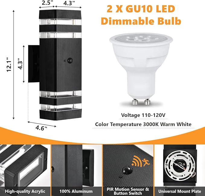 DASTOR Motion Sensor Outdoor Wall Lights 2 Pack, Dusk to Dawn Outdoor Lighting, 2-Layer Exterior Porch Light Fixtures, Up and Down Outside Lights for House Garage