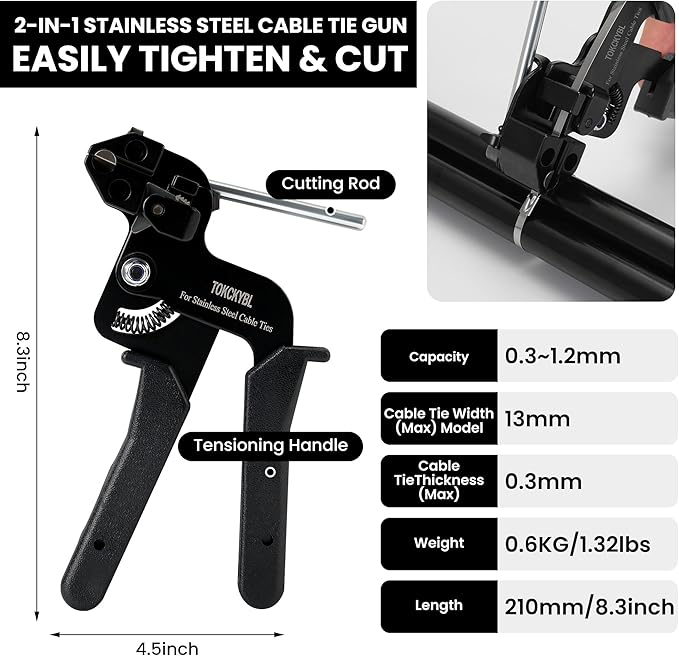 Stainless Steel Cable Tie Gun Set – Heavy Duty Metal Zip Tie Tool Kit with 150PCS Self-Locking Ties, Adjustable Fastening & Cutting Tool for Outdoor Fencing, Exhaust Pipes, Automotive (Black)