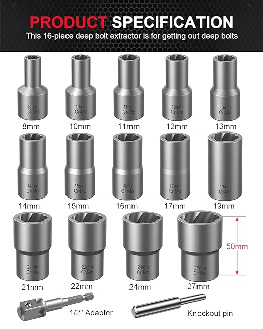 Kolvoii Deep Bolt Extractor Kit, 1/2" Drive Impact Bolt & Nut Remover Set, Lug Nut Removal Tool, 16 Pcs Stripped Extractor Socket Set for Removing Damaged, Rusted, Bolts, Nuts, Screws, 35#CR-MO
