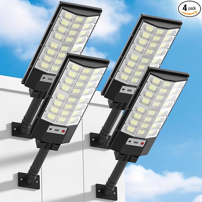 Solar Street Lights Outdoor, Solar Lamp IP66 Waterproof Security Flood Light Dusk to Dawn, Motion Sensor with Remote Control for Yard Garden Garage Parking Lot, 4 Pack