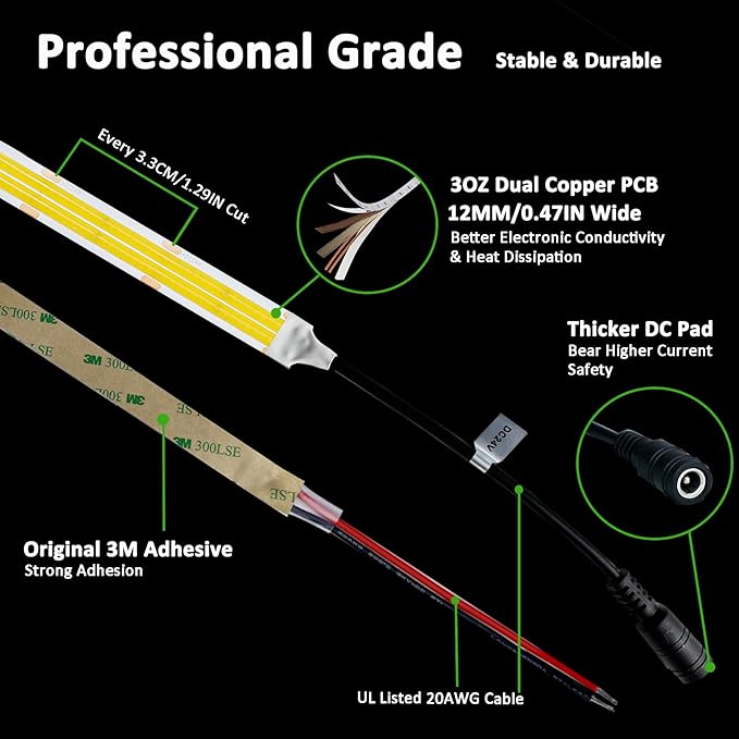 JOYLIT 24V COB LED Strip 16.4ft Dual Row IP65 Waterproof 1005lm/ft Ultra Bright CRI 95+, UL Premium 5000K Day White 125W 960LEDs/M High Density Adhesive Tape Light for Commercial, Industrial, Home