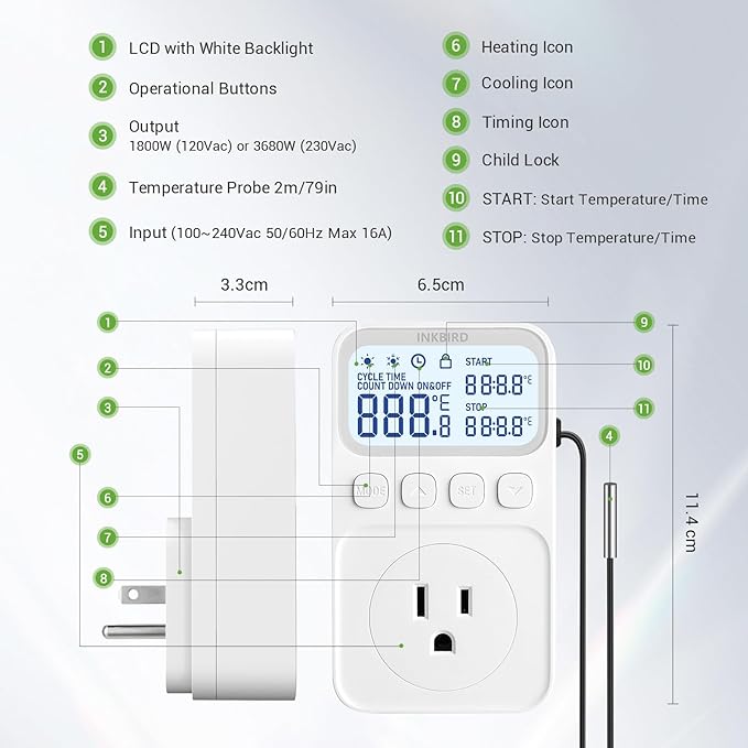 INKBIRD Plug in Thermostat 15A 1800W, Programmable Heating Cooling Digital Temperature Controller Timer for Window A/C Fan Heater Greenhouse Homebrewing Reptile