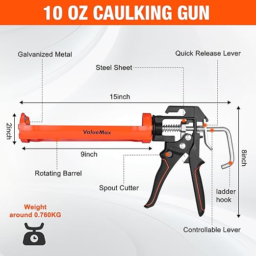 ValueMax Caulk Gun and Caulk Scraper Kit, 10 OZ Silicone Caulking Gun and Remover Tool, 3 in 1 Sealant Finishing Grout Scraper for Bathroom Kitchen Sink Joint, All in One Caulking Tools