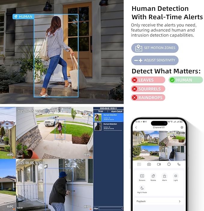 POE Security Camera System, 4pcs 5MP Indoor Outdoor PoE Cameras, Color Night Vision, Smart Human Detection, Wired Security Camera System, 8CH NVR with 2TB HDD for 24/7 Recording