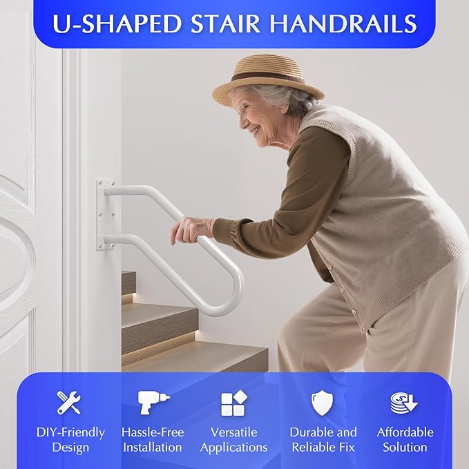 Hand Rails for Outdoor 1-2 Steps, Indoor Stairs, Bathroom, Wall Mount Non-Slip U-Shape Stair Hand Railing White 2 Pack