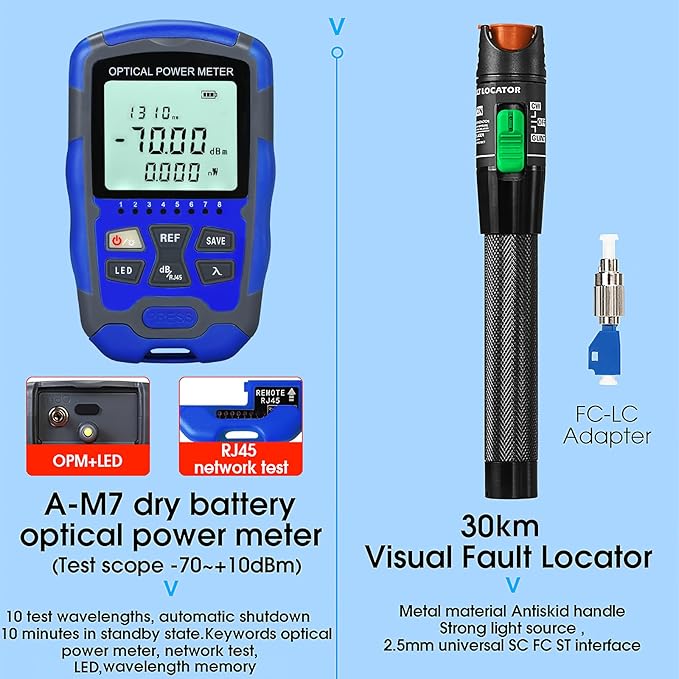 Fiber optic tool kit 10 in 1 FTTH tool set cold joint Fiber optic Termination tool Kit with 7S Optical Fiber Cleaver M7 Optical power meter -70~+10dbm 30KM visual fault locator VFL(BSL）