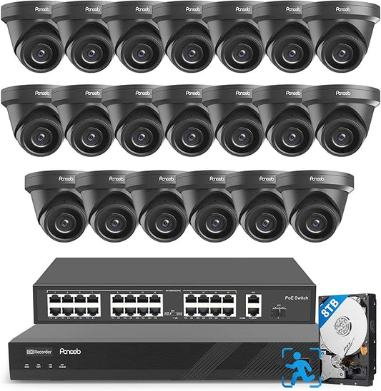 32 Channel Security Camera System 4K PoE, 20x 8MP Wired IP Black Turret Dome Camera with AI Human Vehicle Detection, Built-in Mic, Remote Access 24-7 Recording, 4K 32CH NVR 8TB HDD, PD93A32032-8M